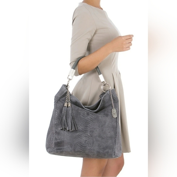Anna Morellini Gray Leather Shopper Bag Snakeskin Embossed Chunky Hardwa… - Picture 2 of 14